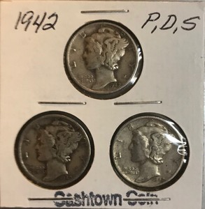 Three Mercury Dimes - 1942, 1942-D, & 1942-S