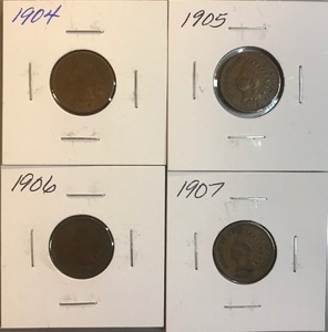Four Different Indian Head Cents - 1904, 1905, 1906, & 1907