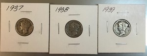 Three Mercury Dimes - 1937, 1938, & 1939