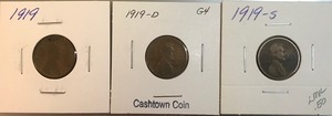 Three Different Lincoln Wheat Cents - 1919, 1919-D, & 1919-S