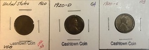 Three Different Lincoln Wheat Cents - 1920, 1920-D, & 1920-S