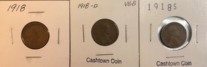 Three Different Lincoln Wheat Cents - 1918, 1918-D, & 1918-S