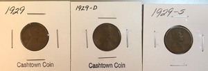 Three Different Lincoln Wheat Cents - 1929, 1929-D, & 1929-S