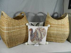 2 New Large Wicker Baskets and 2 New Cute Throw Pillows