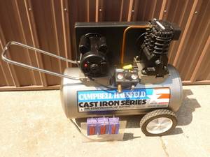 Campbell Cast Iron 4hp air compressor with 20 gallon tank. Used good condition. Tested & works. As shown. THIS ITEM HAS A RESERVE