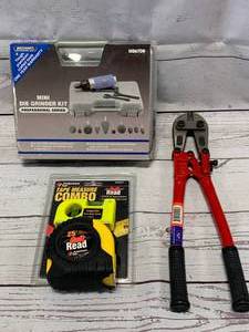 lot 33 image: New Mini Die Grinder M567DB, Tape Measure Combo, Bolt Cutter