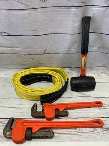 lot 133 image: Keeper Tow Strap, 2 Pipe Wrenches, Rubber Mallet