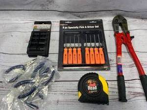 lot 184 image: 7pc Pliers, Bolt Cutter, 25ft Tape Measure, Pick Set, 8pc Socket Set