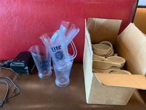 Case full Of Soup Bowls, 5 Miller Lite Pitchers, Number Printer