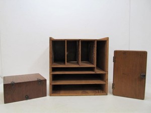 lot 219 image: 2 Antique Small Wooden Hinged Storage Boxes & File Cabinet