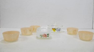 lot 239 image: Nice Lot of FIRE KING Hand Painted Lidded Bowl & Fridgy and Lusterware