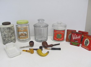 lot 24 image: Lot of Vintage Tobacco Jars Humidors Tins & Pipes