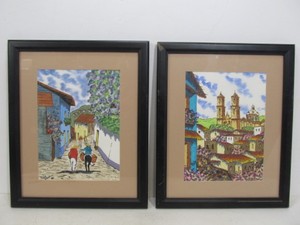 lot 79 image: Pair of Signed Mexican Scene Original Watercolor Paintings - Pena