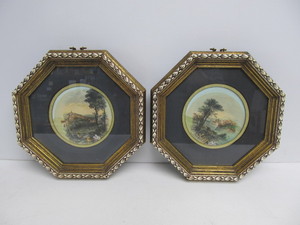 lot 43 image: 2 Small Vintage 1930s Hand Colored Octagonal Framed Prints