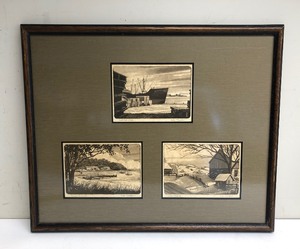 lot 91 image: Vintage Framed HARLAN SCHEFFLER Woodcut Print Triptych