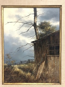 lot 92 image: Framed Vintage 1960s Signed RUDI REICHARDT Original Oil on Board Painting - Tool Shed