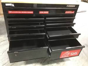 lot 50 image: HUSKY 46 in. W x 24.5 in. D 9-Drawer Mobile Workbench with Solid Wood Top in All Black Finish