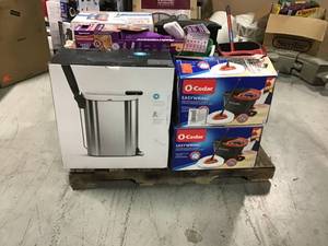 lot 56 image: PALLET OF ASSORTED CLEANING SUPPLIES AND HDX GARBAGE CANS AND MORE
