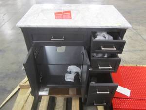 lot 311 image: Scott Living 36 in. Roveland Dark Gray Single Sink Vanity with Natural Carrara Marble Top 12026VA-36-200