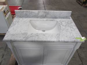 lot 208 image: allen  roth Floating 30-in White Single Sink Bathroom Vanity with Natural Carrara Marble Top 1315VA-30-201