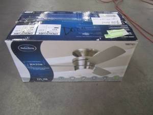 lot 850 image: Harbor Breeze Mazon 44-in Brushed Nickel LED Indoor Flush Mount Ceiling Fan with Light Kit and Remote (3-Blade) MZ44BNK3LR