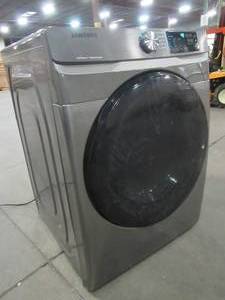 lot 106 image: Samsung 7.5-cu ft Stackable Gas Dryer (Platinum) DVG45R6100P - Scratch and Dent (Bottom LH Corner, Front Panel is Loose, Door Scratched).