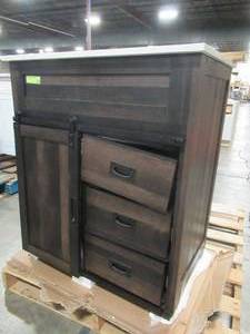 lot 209 image: Barn Door Vanity Cabinet in Distressed Java - Crackedbroken drawer and vanity top. Approximately 30 X 20 X 34.12