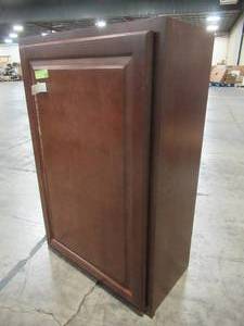 lot 213 image: Brown Kitchen Wall Cabinet with 2 Adjustable Shelves, Cracked Door - Approximately 24 X 12 X 36 Tall.