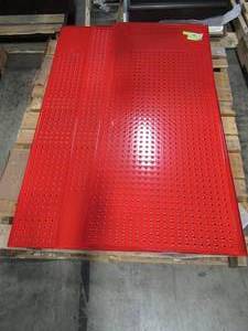 lot 212 image: 3 Steel Peg Board Panels in Red.  Sizes are Approximately 21 34, 26 34, 34 X 50