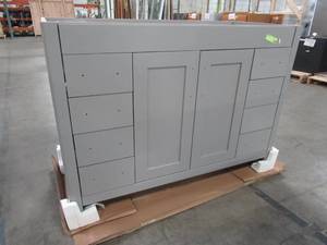 lot 406 image: Home Decorators Collection Westcourt Bath Vanity Cabinet in Sterling Gray - Miissing Top and some Drawer Pulls.