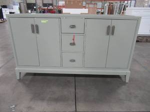 lot 411 image: Home Decorators Collection Shaelyn 60 x 21 34 X 34 Tall Vanity Cabinet Only in Sage Green. - Top Drawer Stuck.