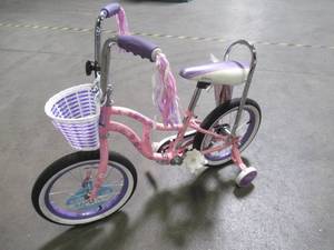 lot 760 image: Schwinn Bloom kids bike, 16-inch wheel, training wheels, girls, pink, banana seat