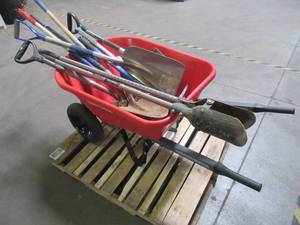 lot 770 image: CRAFTSMAN 6-cu ft Poly Wheelbarrow (Crack in Bucket) and Miscellaneous Yard Tools.