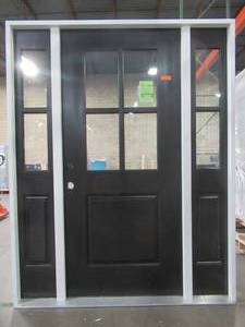 lot 607 image: Steves & Sons 36 Single Door w Two Matching Sidelites, Fiberglass Exterior Door RH In-Swing, Measures Approximate 64 58 X 81 14 X 4 916 Wall.