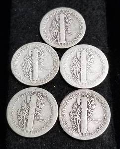 5 MERCURY DIMES 1920-D 1923 1927 1929 1934