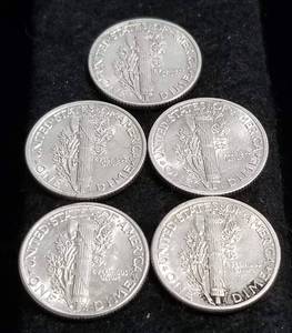 5 AU MERCURY DIMES 1937 1939 1940 1941 1944