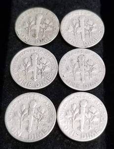 6 EARLY ROOSEVELT DIMES 1946-S 1947-S 1948 1949-D 1950-S 1953-S