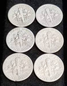 6 EARLY ROOSEVELT DIMES 1946-D 1947-D 1948 1949-S 1951-S 1953-S