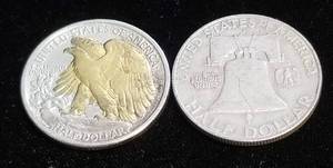 2 SILVER HALF DOLLARS 1959-D 1945 WITH GOLD PLATING