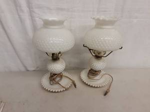 lot 8 image: Pair Of Electric Hobnail Milk Glass Lamps