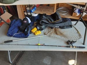 lot 51 image: Air Mattress & Pump, Fishing Rod, Net & More.