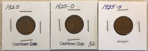 Three Different Lincoln Wheat Cents - 1925, 1925-D, & 1925-S