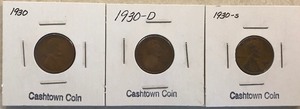 Three Different Lincoln Wheat Cents - 1930, 1930-D, & 1930-S