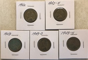 Five Different Silver War Nickels - 1942, 1942-S, 1943, 1943-D, & 1943-S