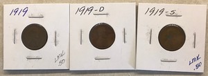 Three Different Lincoln Wheat Cents - 1919, 1919-D, & 1919-S