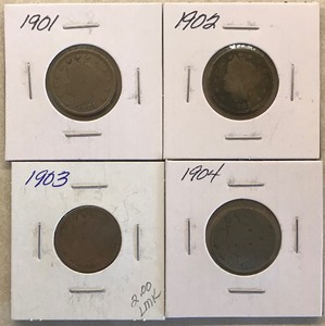 Four Different Liberty Nickels - 1901, 1902, 1903, & 1904