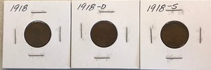 Three Different Lincoln Wheat Cents - 1918, 1918-D, & 1918-S