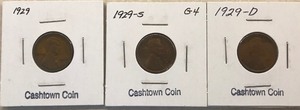 Three Different Lincoln Wheat Cents - 1929, 1929-D, & 1929-S