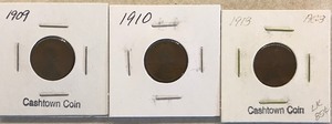Three Different Lincoln Wheat Cents - 1909, 1910, & 1913