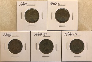 Five Different Silver War Nickels - 1942, 1942-S, 1943, 1943-D, & 1943-S